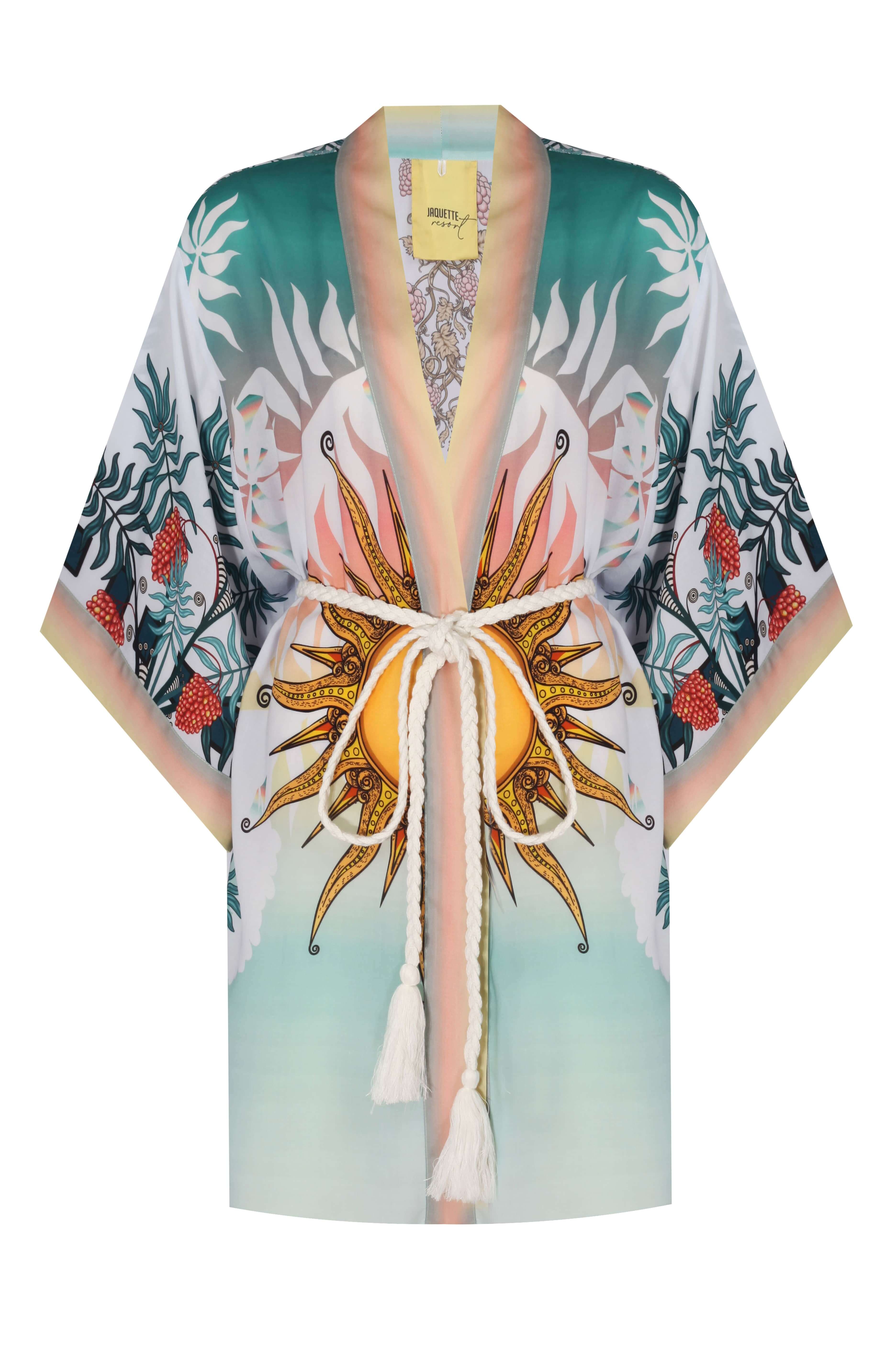 EVA FAYE 100% Viscone white cover-up kimono with vibrant sun and floral pattern, perfect for summer styling.