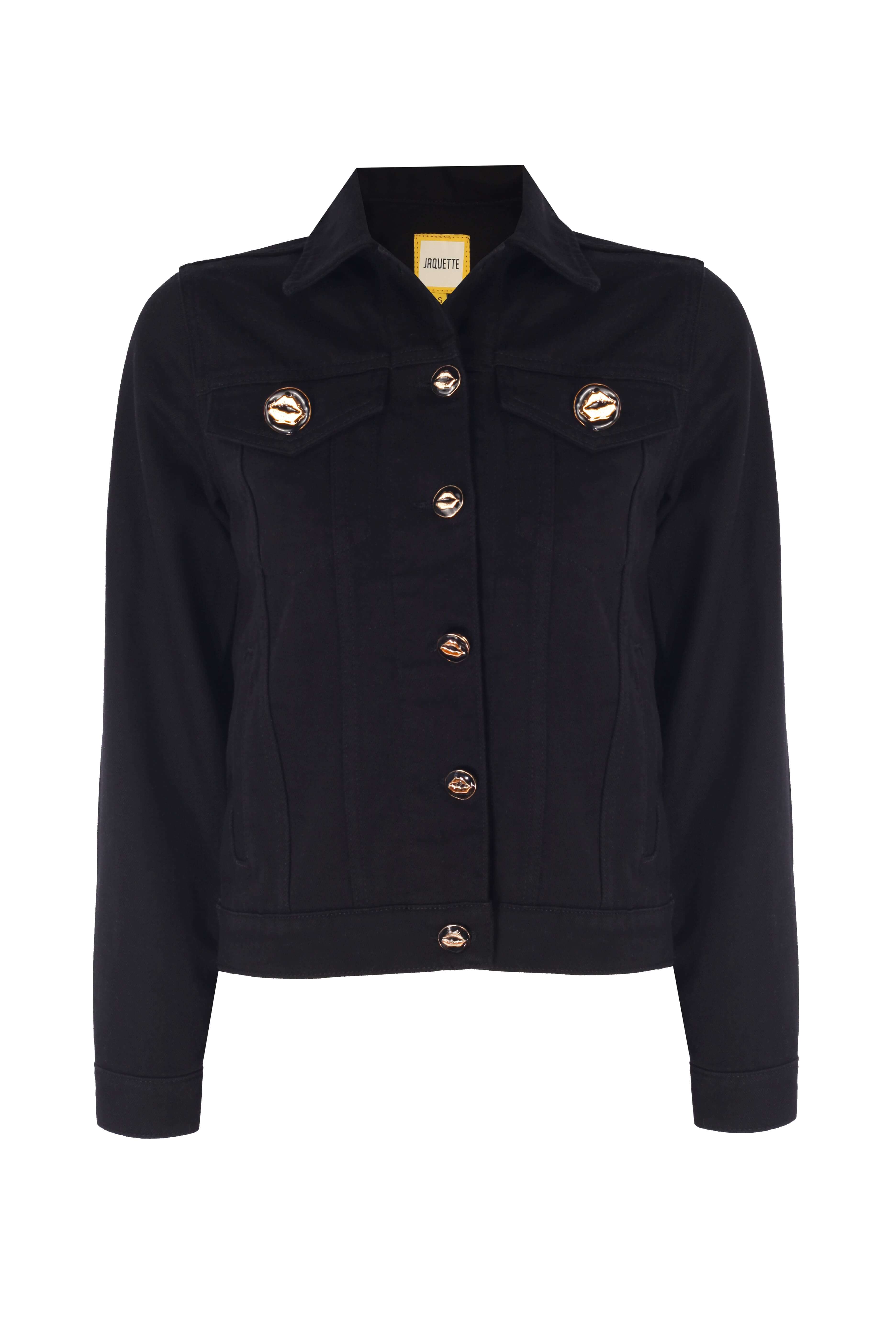 JANE JACKET in black, made with 99% cotton and 1% ELS. Features sustainable materials and stylish gold-button design.