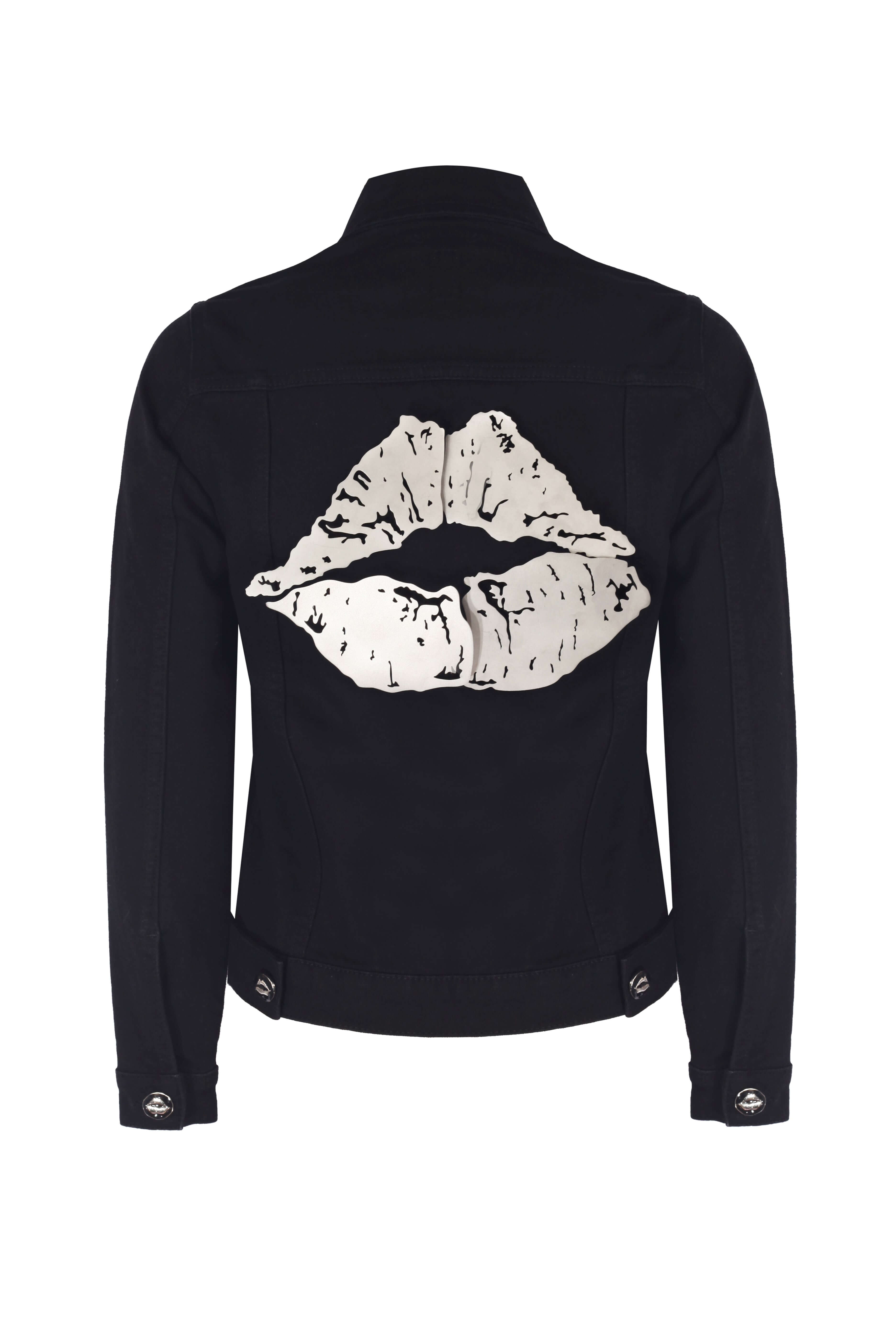 Black LULU Jacket with silver kiss graphic on the back, made from sustainable materials with 99% cotton.