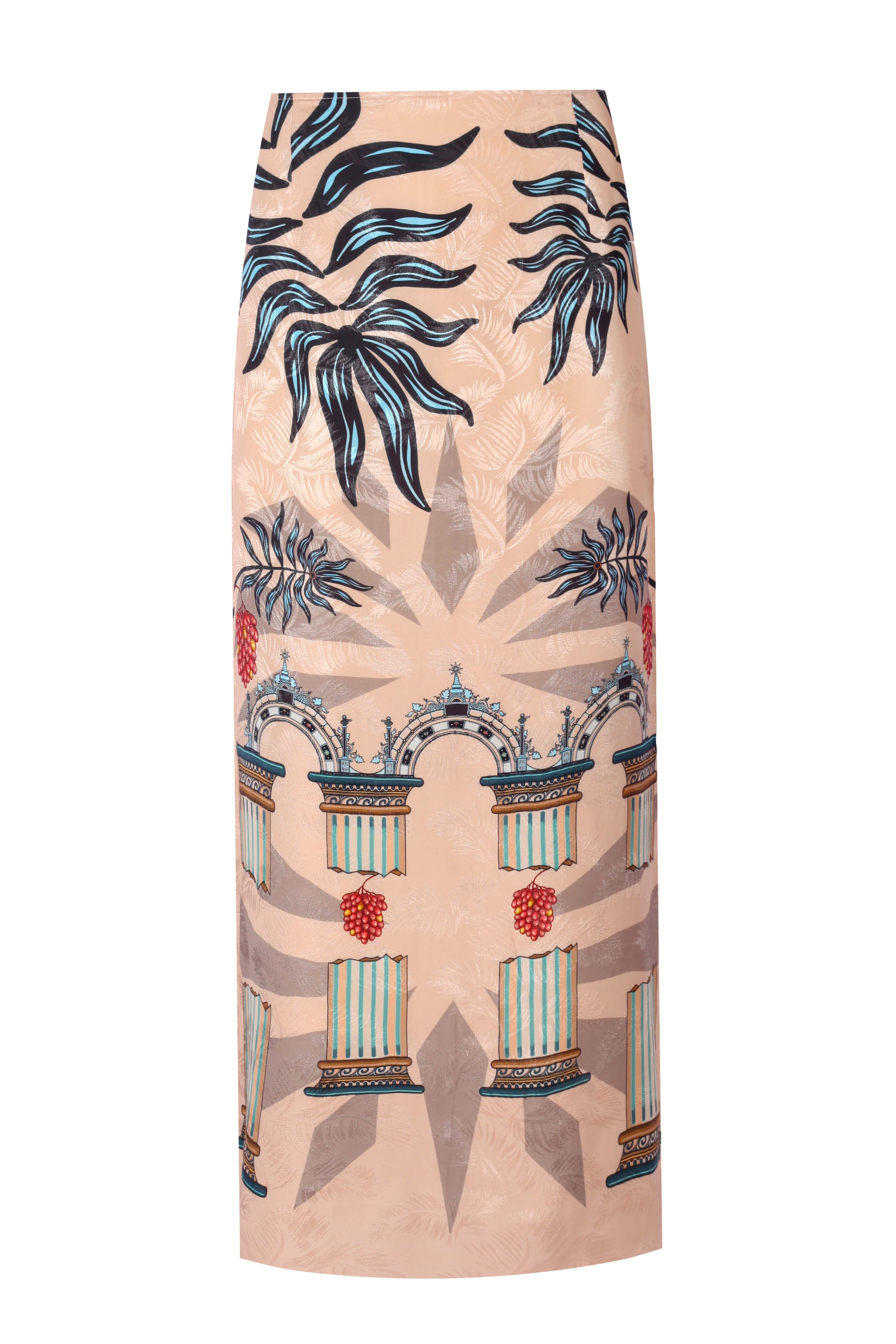 MAXIMA skirt featuring a vibrant print with palm leaves and architectural motifs in pastel tones.