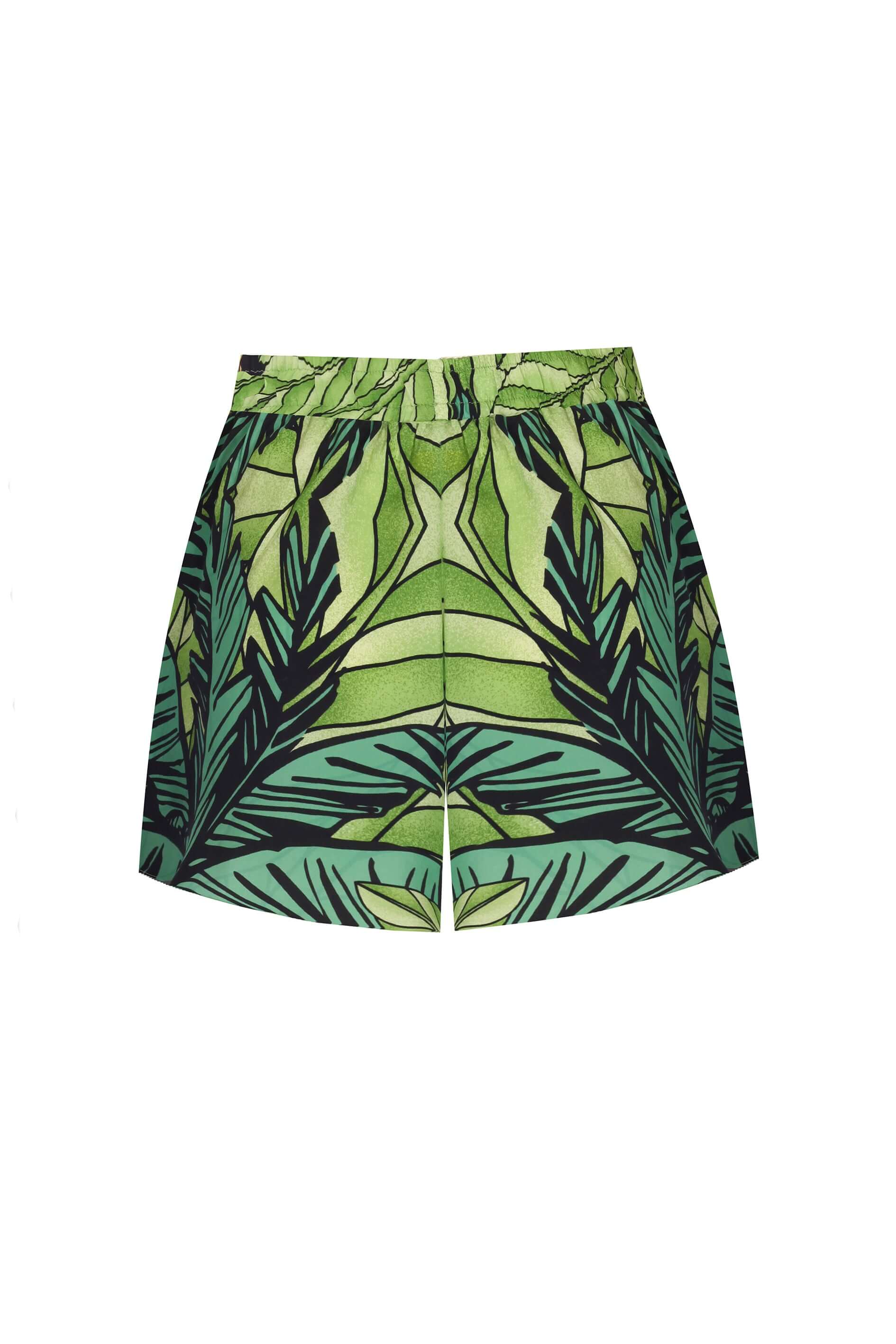 Odette Short featuring a vibrant green leaf print design, perfect for summer fashion and casual wear.