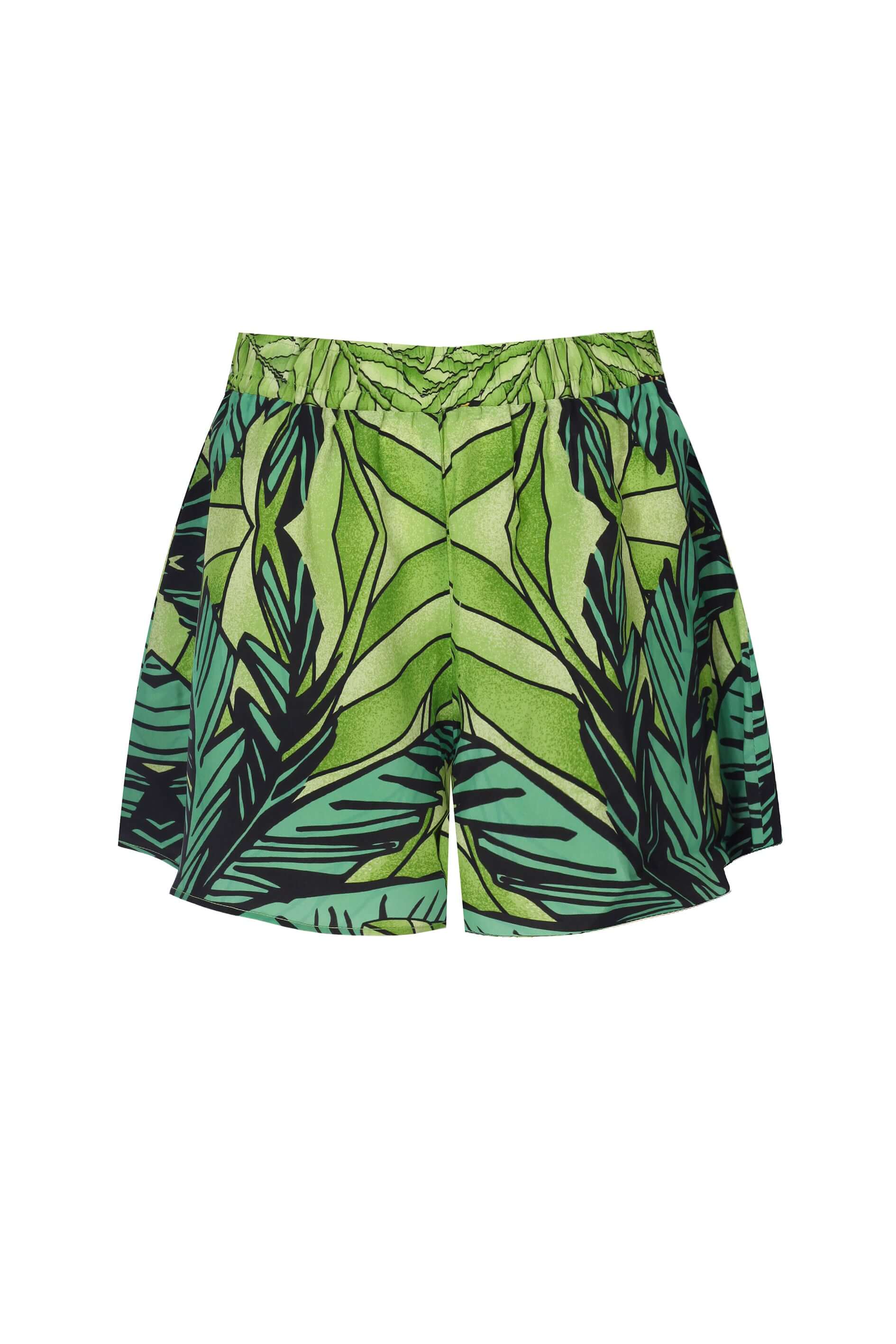 Odette Short in vibrant green with tropical leaf print, perfect for summer styling.