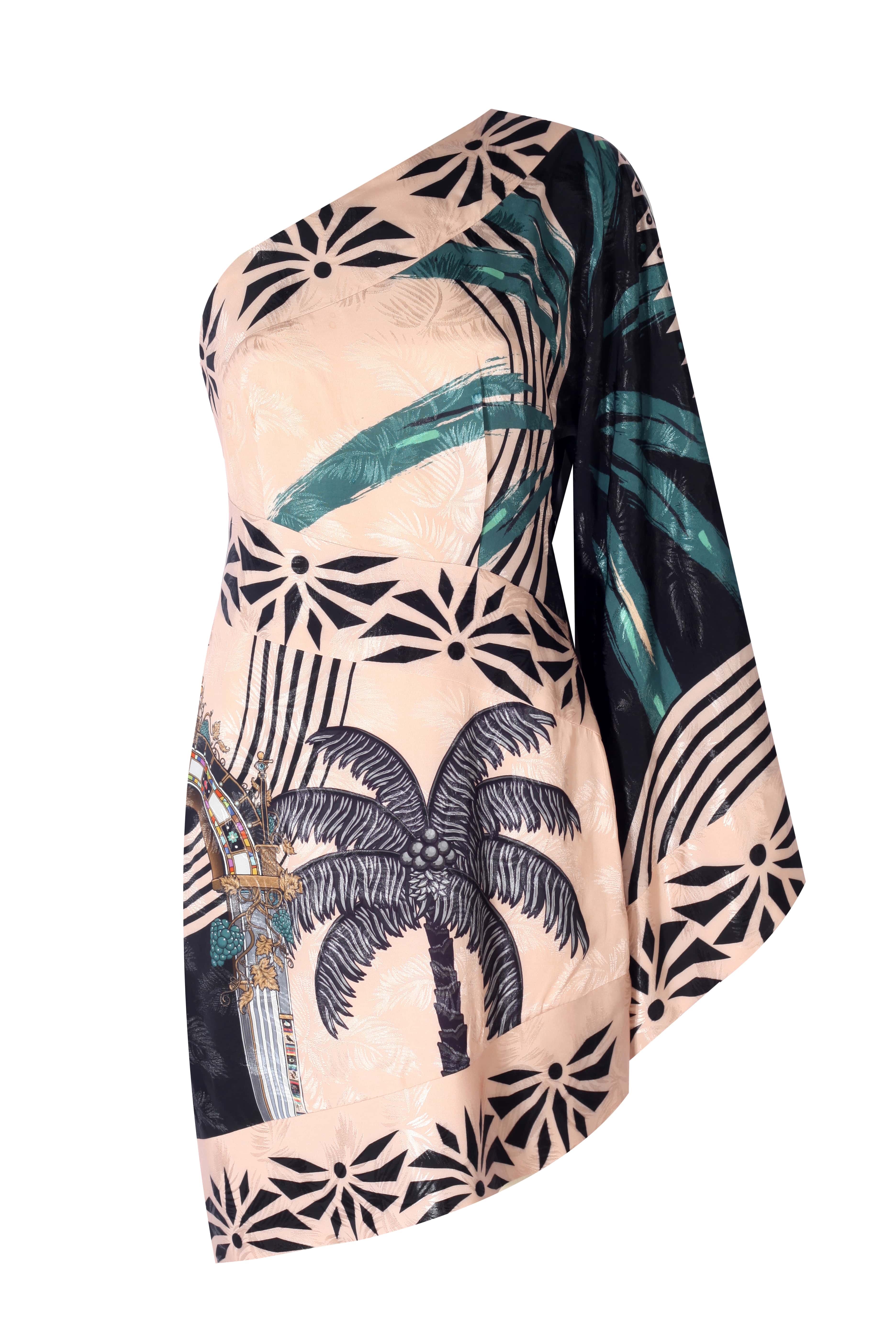 OTTERA DRESS featuring a stylish one-shoulder design with vibrant palm leaf patterns on soft fabric.