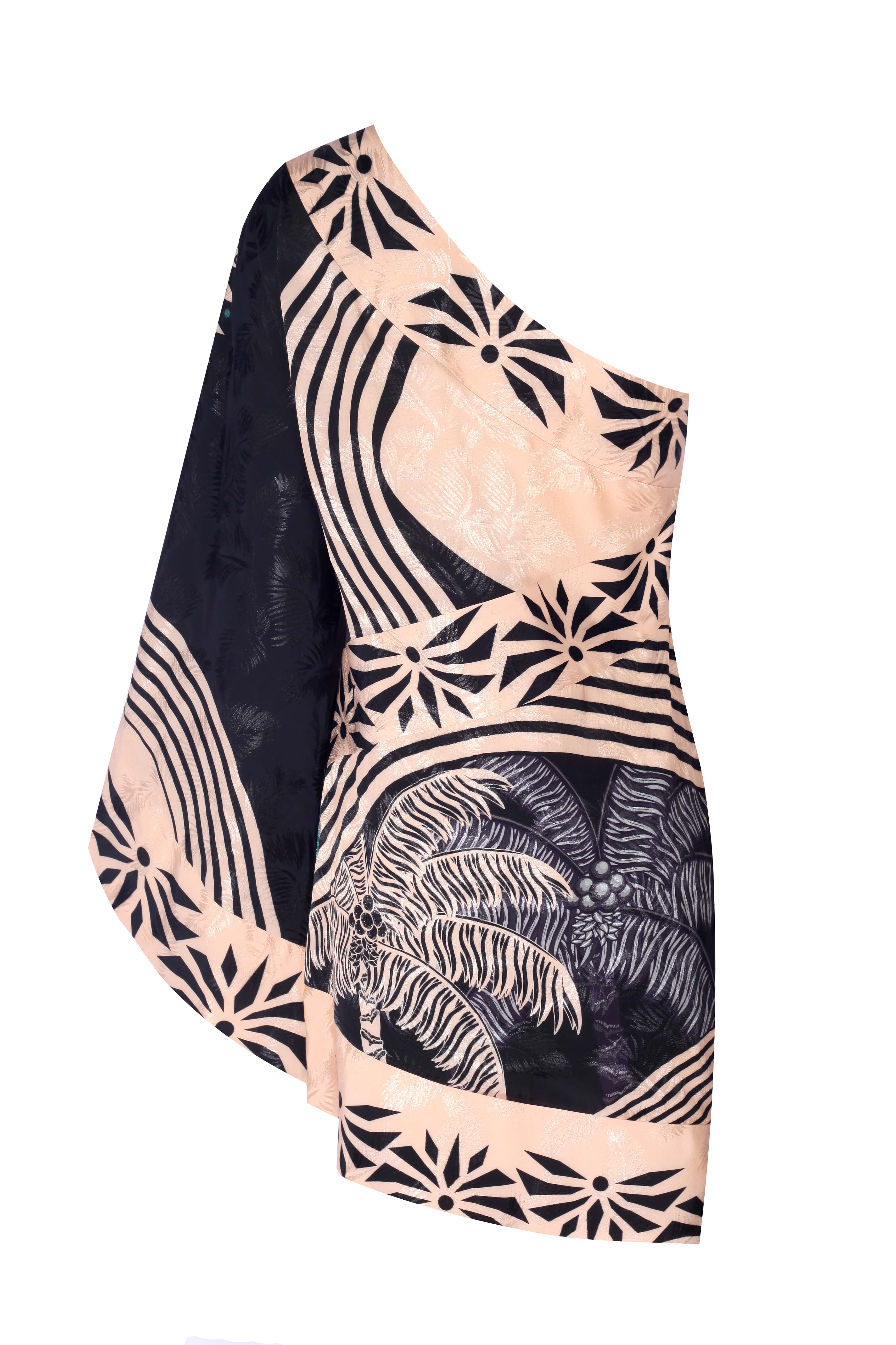 Stylish OTTERA dress featuring a one-shoulder design with a striking tropical print in black and peach.