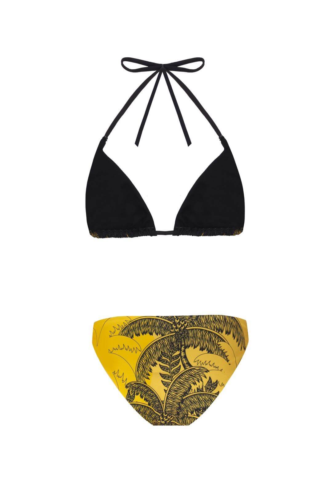 Stylish PEMA BIKINI featuring a black top and yellow palm leaf patterned bottom, made of 80% polyamide and 20% elastane.