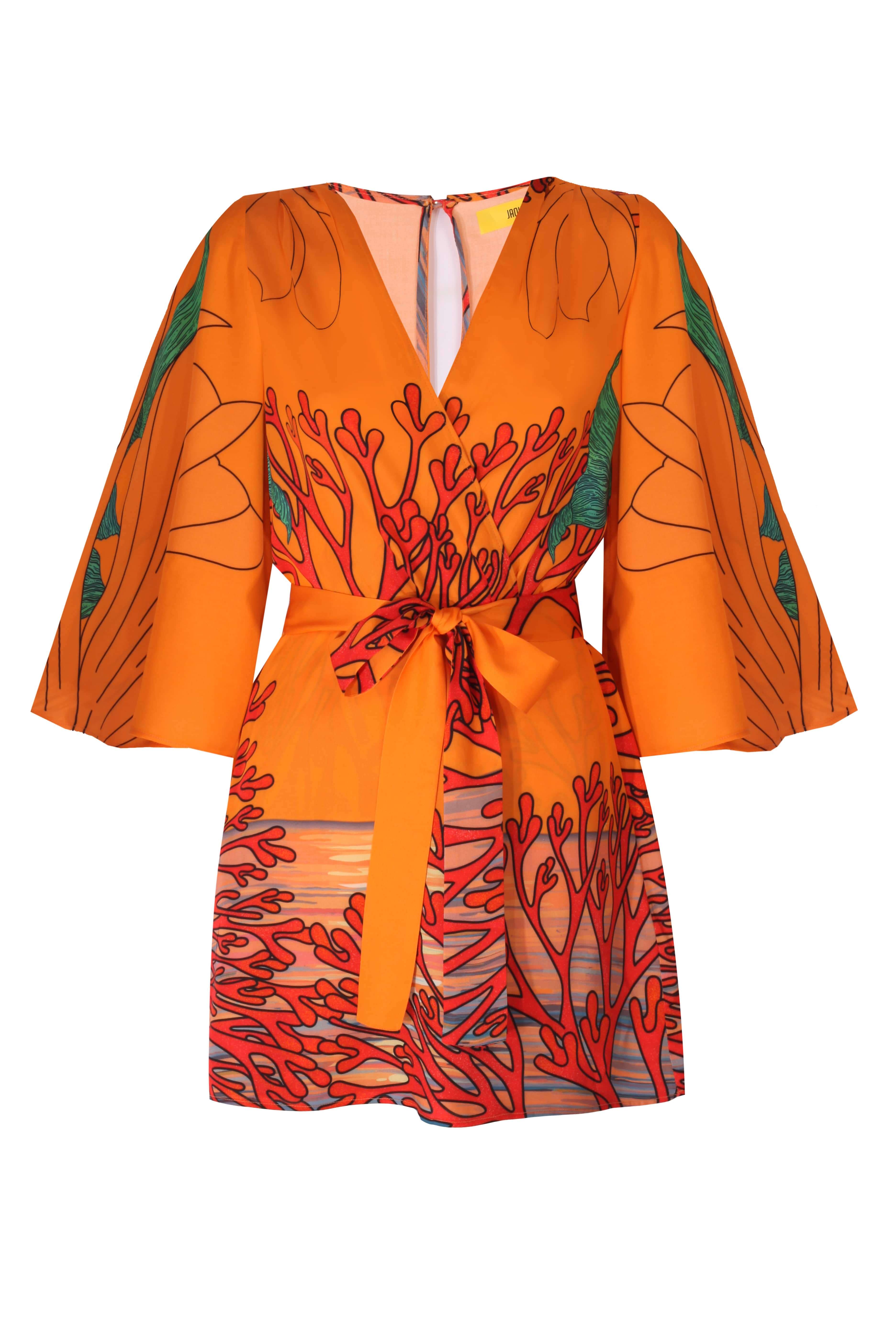 Vibrant orange Salma short dress with floral print and bell sleeves, perfect for summer occasions.