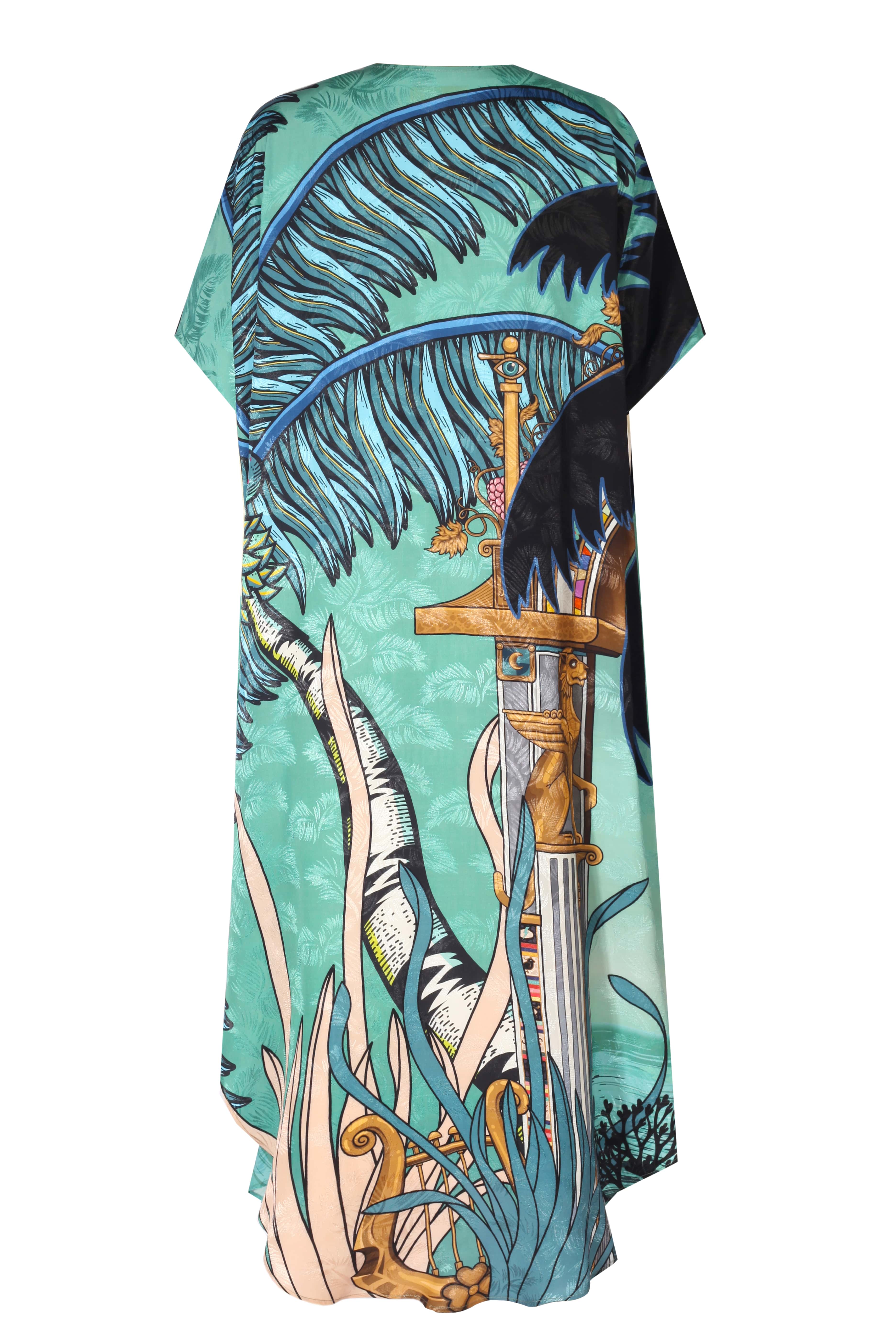 PRIYA DRESS in vibrant turquoise with palm tree and sword design, perfect for stylish summer outings.