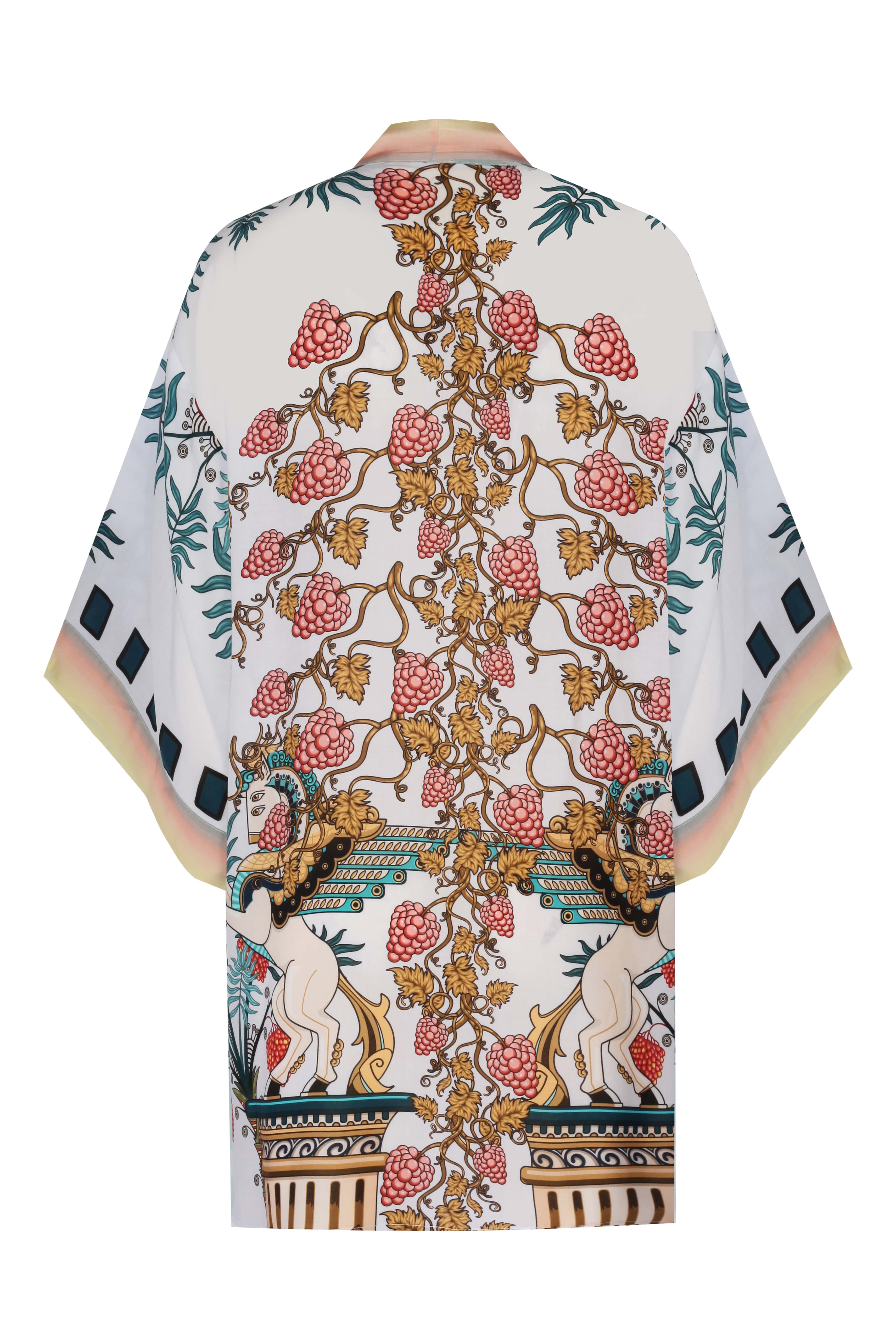 Elegant white kimono with intricate floral and classical design, perfect for stylish layering and special occasions.