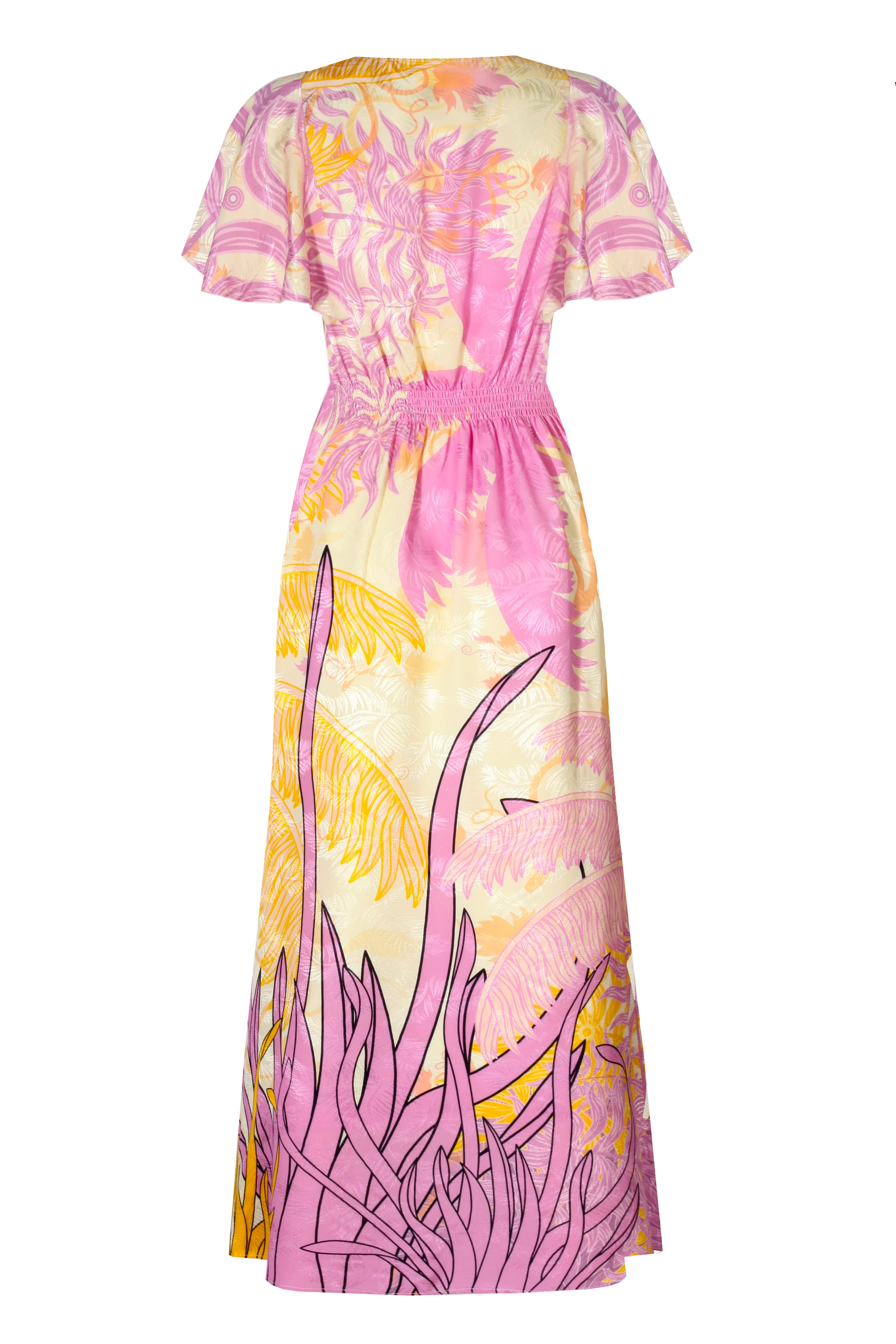 Back view of the Vanessa Dress featuring vibrant floral patterns in pinks and yellows, perfect for summer wear.