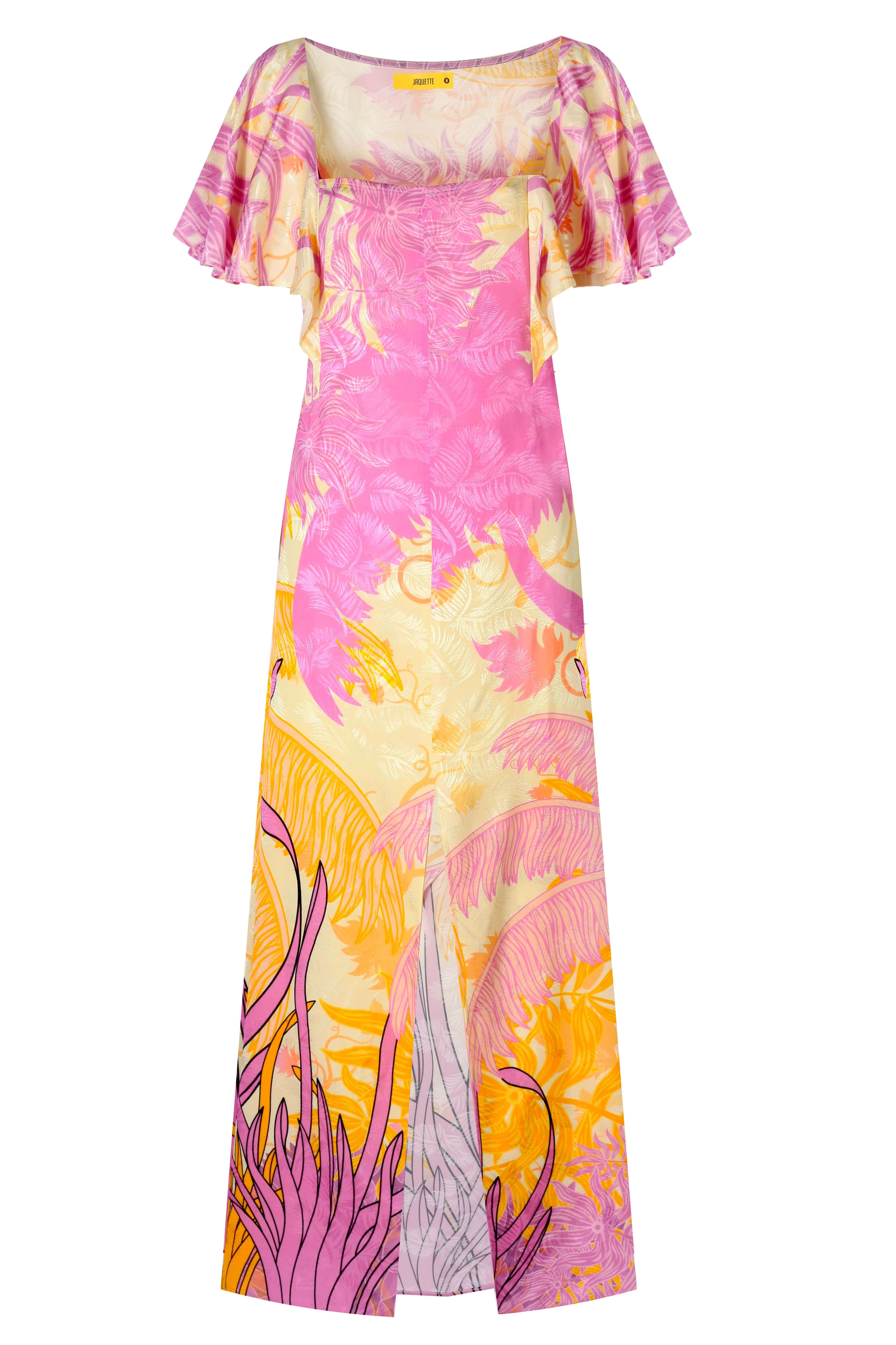 VANESSA DRESS featuring a vibrant pink and yellow floral design with flutter sleeves and a stylish slit.