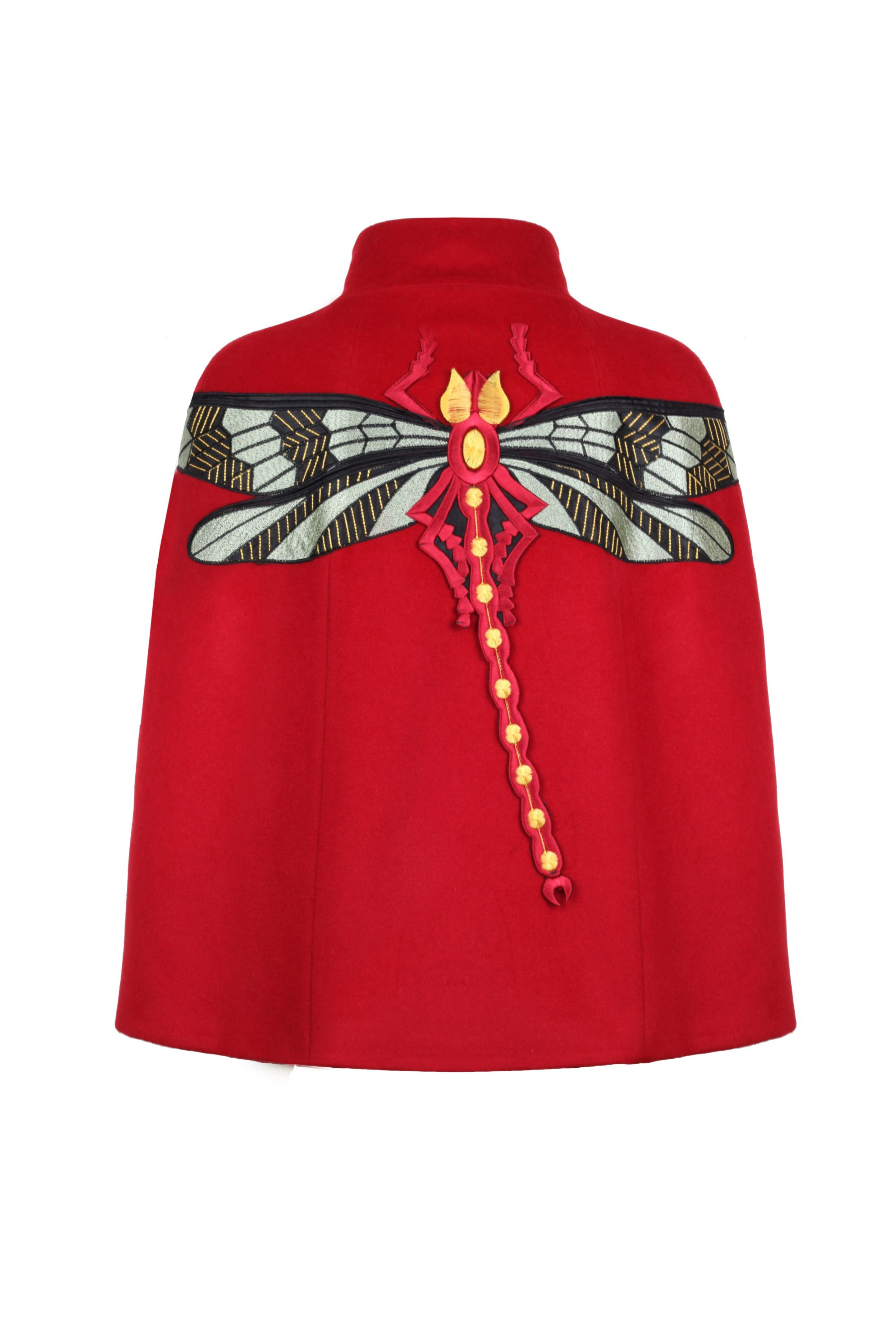 RED CASHMERE CAPE WITH DRAGONFLY EMBROIDERY