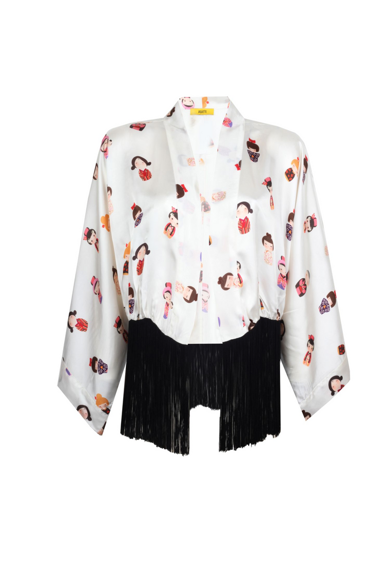JAPAN EMOJI PRINTED SATIN KIMONO