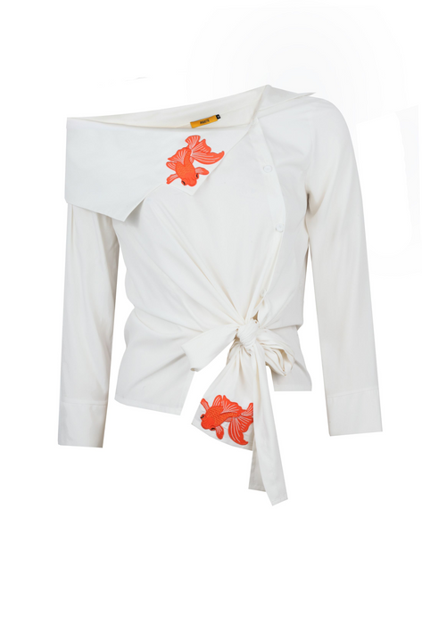 ASYMMETRIC COLLAR SHIRT WITH GOLDFISH EMBRODIERY