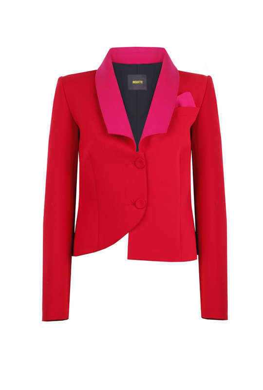 RED TUXEDO JACKET WITH PINK COLLAR